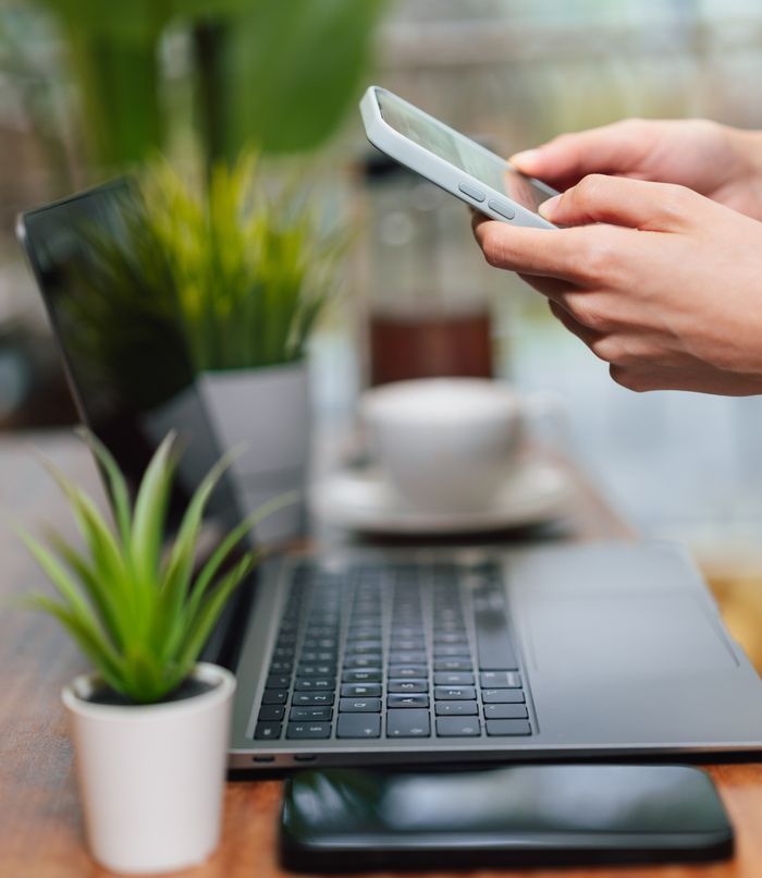 A modern workspace featuring a laptop, smartphone, and plants, emphasizing comfort and technology.